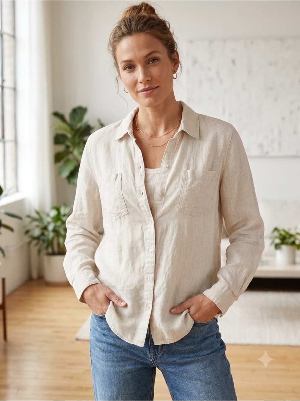 Chico’s Cream Tan Linen Top, Button Down Shirt, Women’s Size XL extra large